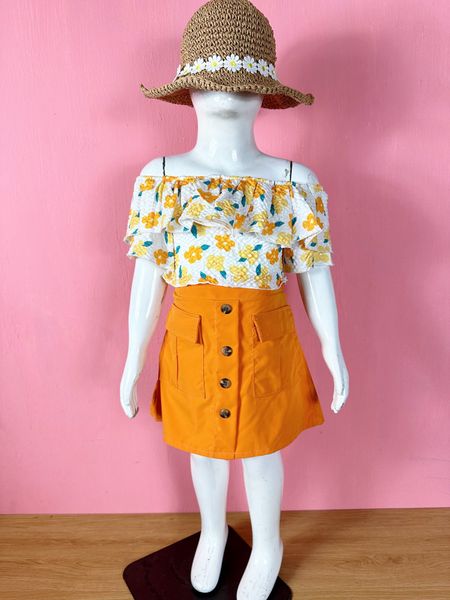  [10-12kg; 20-27kg; 34-40kg] Set Áo Kèm Chân Váy Bé Gái - Trắng Hoa Cam 