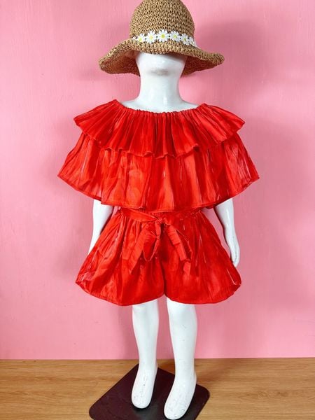  [9-21kg] Set Bộ Áo Nhúng Trễ Vai organza Và Chân Váy Bé Gái - Đỏ 