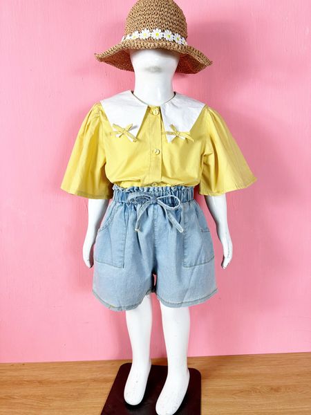  [20-27kg] Set Bộ Ngắn Bé Gái - Vàng Cổ Trắng 