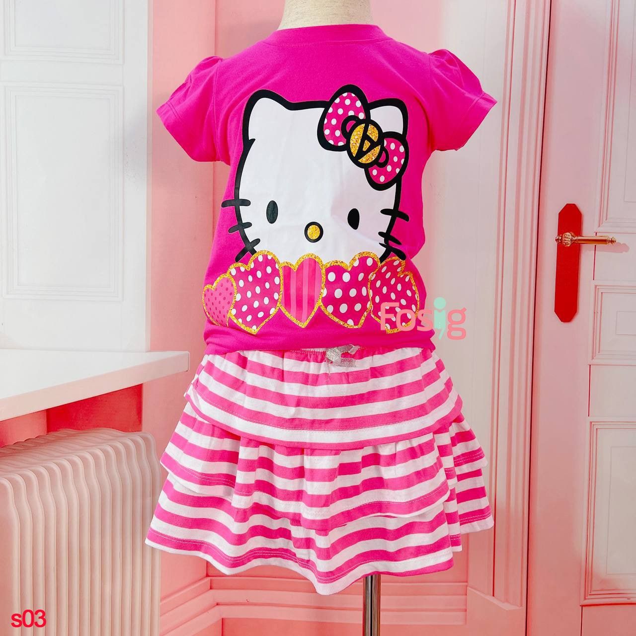  [28-40kg] Set Bộ Áo Chân Váy Bé Gái Disney - Hồng Hello Kitty 