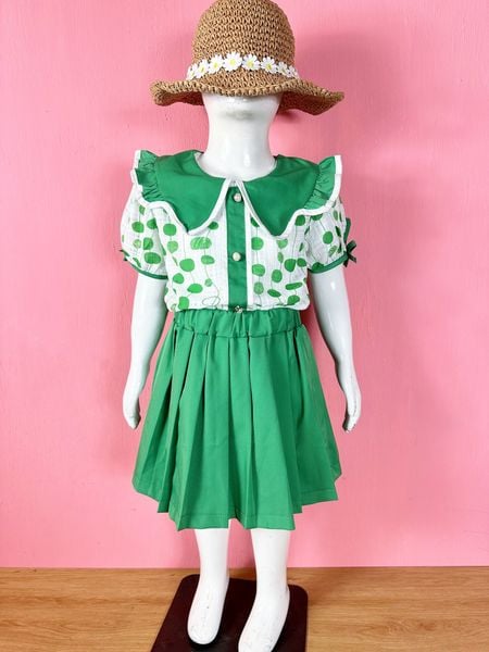  [14-20kg] Set Áo Kèm Chân Váy Bé Gái - Trắng Chấm Xanh 