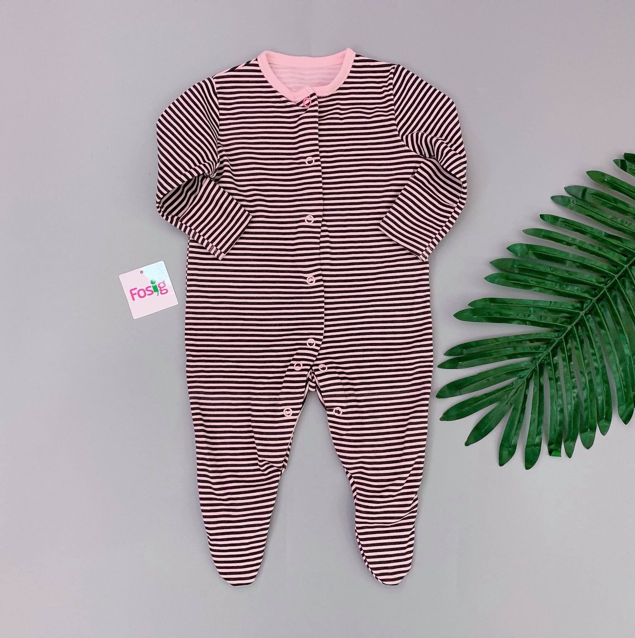  [0-6m] Sleepsuit Gài Nút Có Vớ Bé Gái PM - Hồng Sọc Navy 