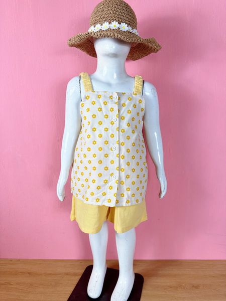 [15-20kg] Set Bộ Ngắn 2 Dây Bé Gái - Vàng Kem Hoa 