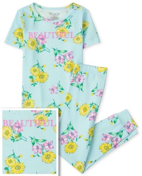  [41-47kg] Set Đồ Bộ Tay Ngắn Quần Dài Bé Gái PL - Xanh Hoa Vàng 