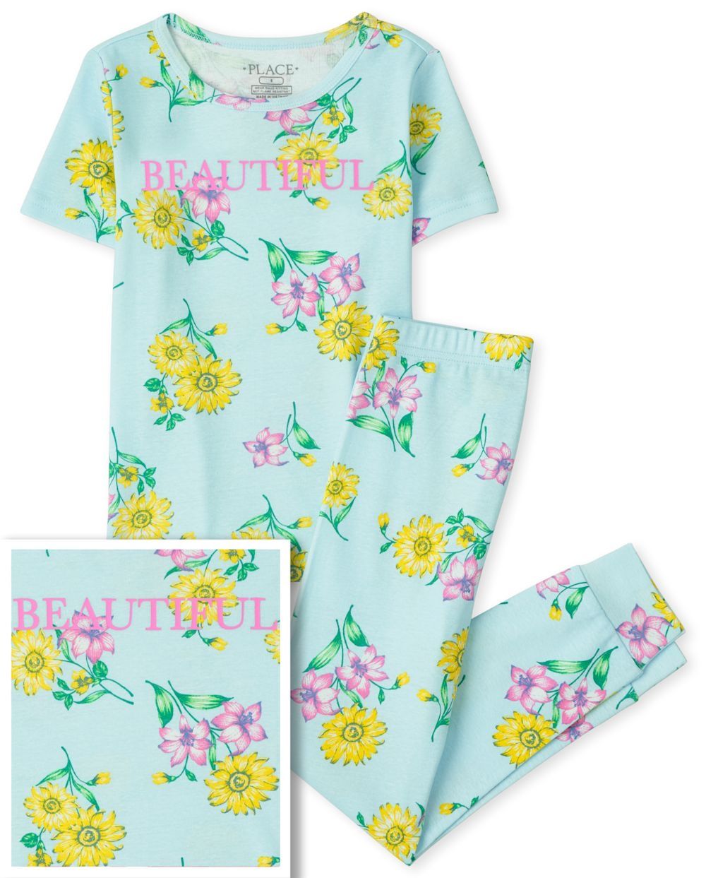  [41-47kg] Set Đồ Bộ Tay Ngắn Quần Dài Bé Gái PL - Xanh Hoa Vàng 