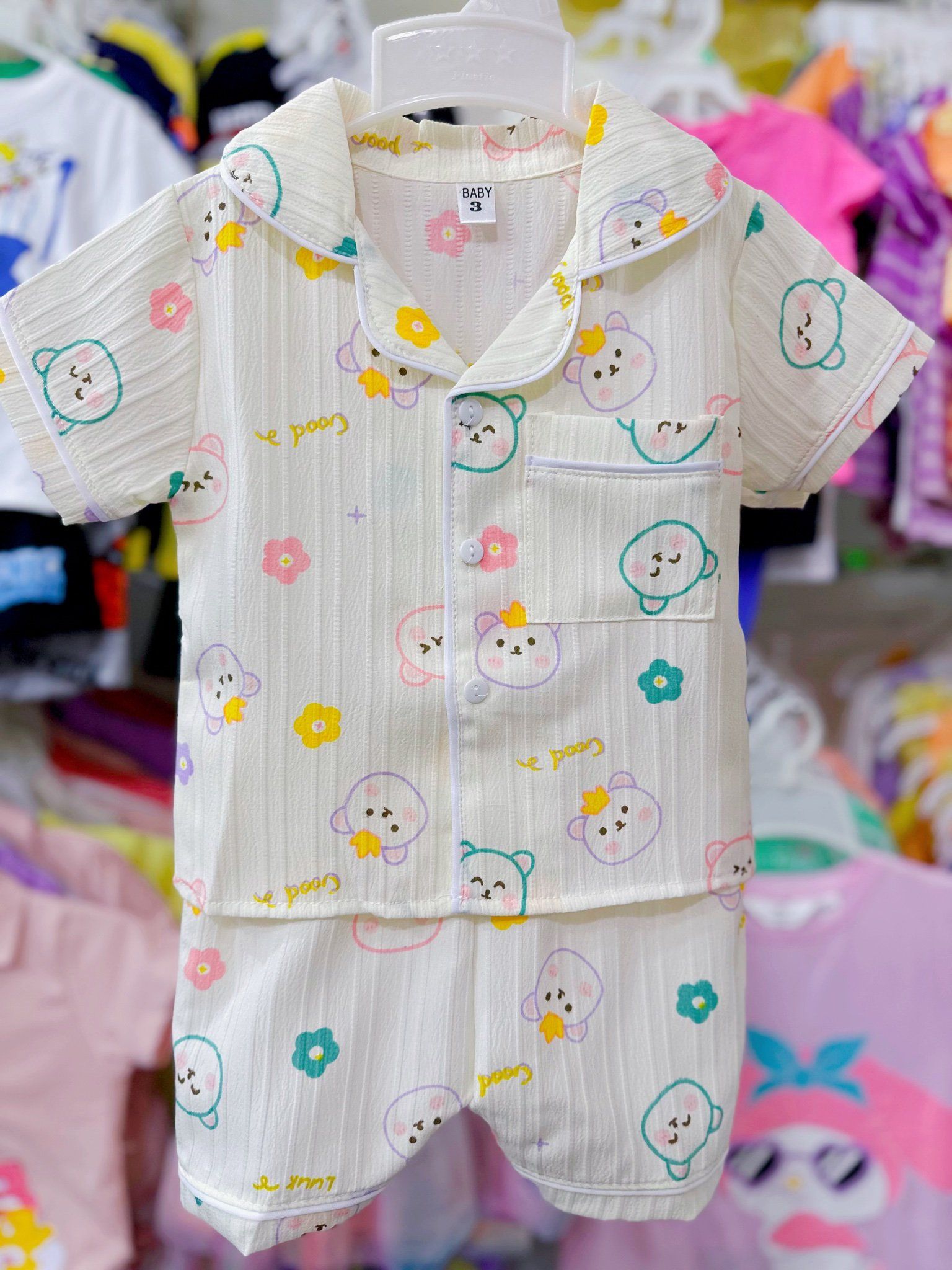  [6-13kg] Set Đồ Bộ Ngủ Ngắn Pijama Vải Xô Cho Bé - Kem Gấu Hoa 