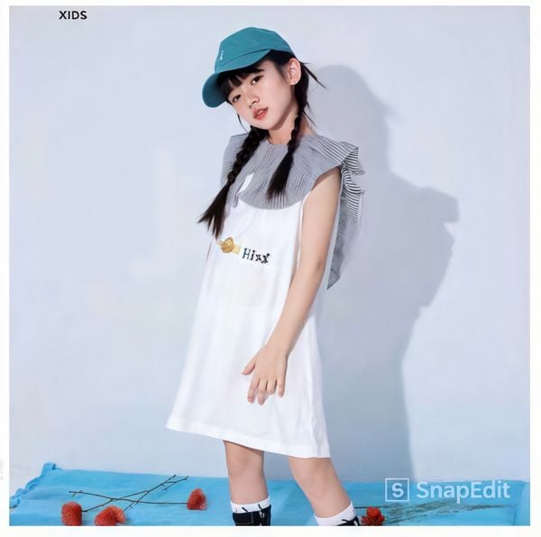  [16-26kg] Đầm Tay Ngắn Bé Gái - Trắng Sọc Đen G162 