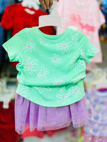  18M Set đầm thun tay ngắn kèm chân váy cho bé- Xanh hoa D93 