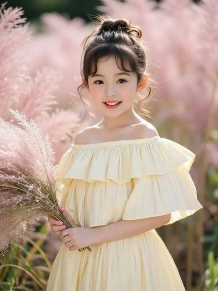  [9-21kg] Set Bộ Áo Nhúng Trễ Vai organza Và Chân Váy Bé Gái - Kem 