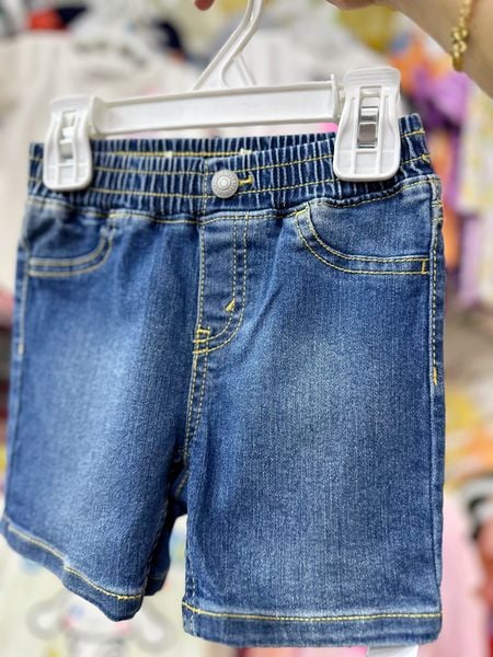  7-9kg; 12M Quần short jaens L.v bé gái tăng đơ ẩn, lưng thun giả nút khóa- Xanh chỉ vàng QS02 