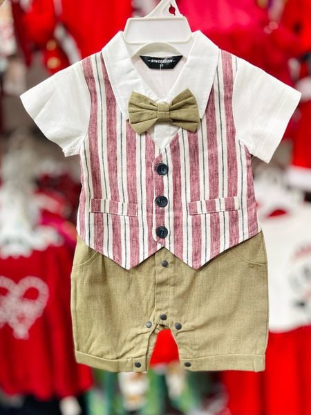 [5-11kg] Set Giả Vest Công Tử Bé Trai - Trắng Sọc Đỏ 