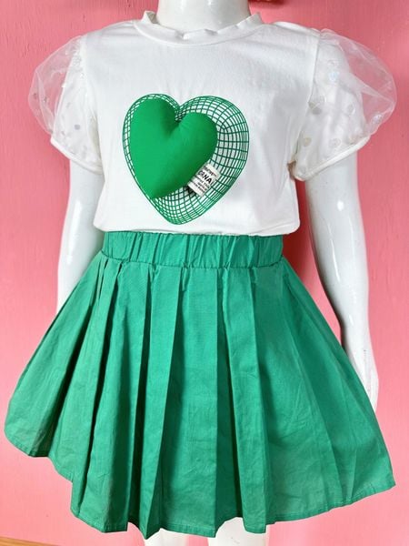  [10-11kg; 13-15kg] Set Áo Kèm Chân Váy Bé Gái - Trắng Tim XL 