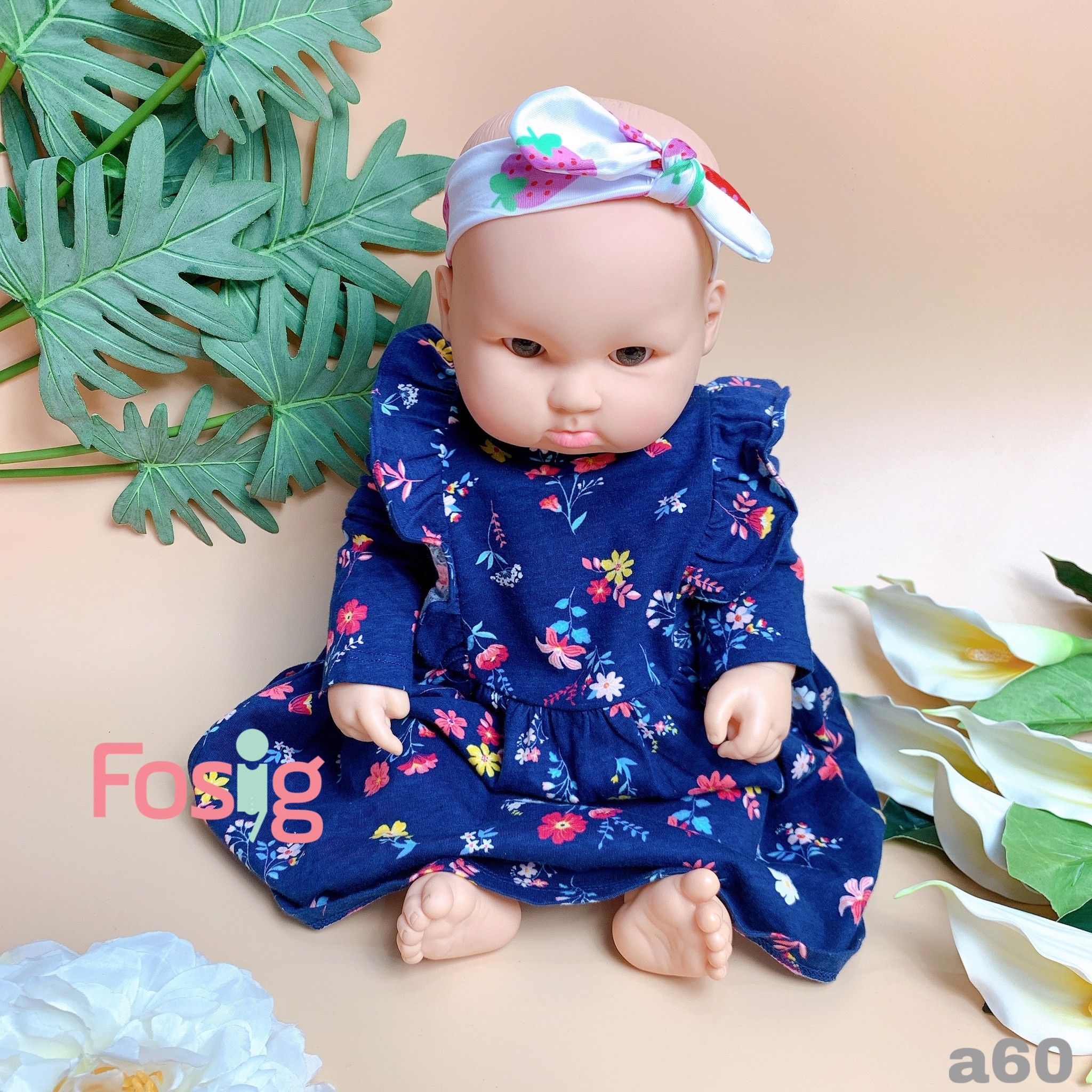  [3m-6m] Đầm Cotton Tay Dài Bé Gái Cter - Navy Hoa Đỏ Vàng 