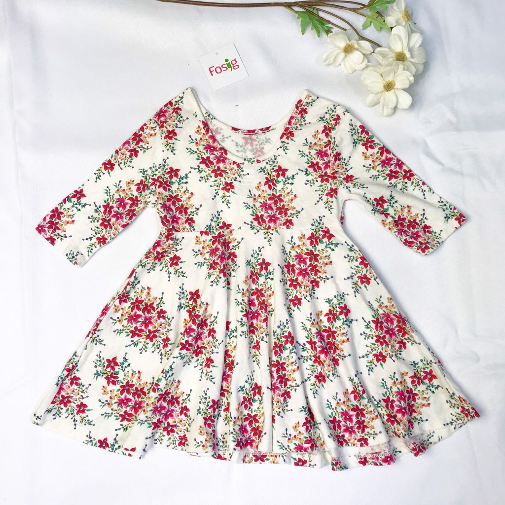 [11-12kg] Đầm Cotton Tay Lửng Bé Gái ON - Kem Hoa Đỏ 