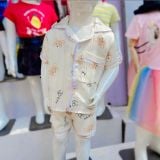  [6-10] Set Đồ Bộ Ngủ Ngắn Pijama Vải Xô Cho Bé - Kem Gấu Nâu 