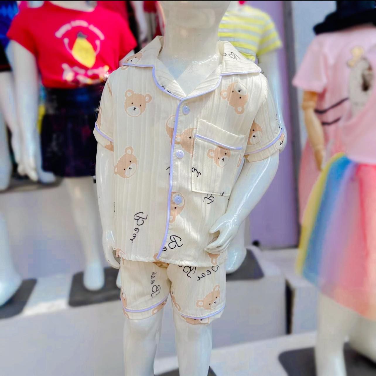  [6-10] Set Đồ Bộ Ngủ Ngắn Pijama Vải Xô Cho Bé - Kem Gấu Nâu 