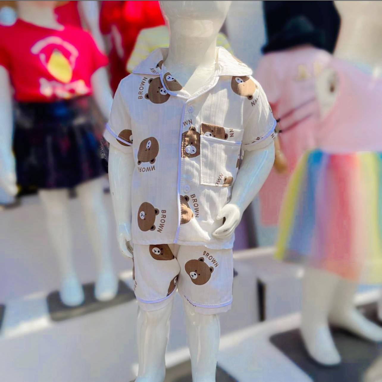  [6-13kg] Set Đồ Bộ Ngủ Ngắn Pijama Vải Xô Cho Bé - Trắng Gấu Nâu 