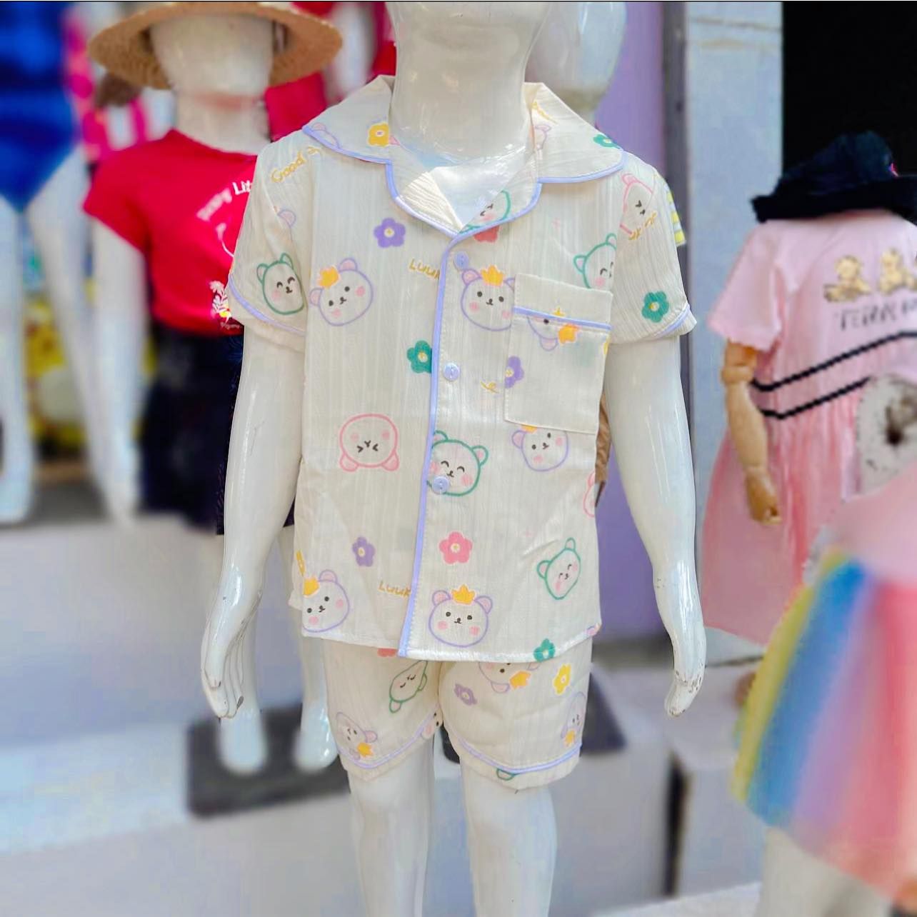  [6-9kg; 12-13kg] Set Đồ Bộ Ngủ Ngắn Pijama Vải Xô Cho Bé - Kem Gấu Hoa 