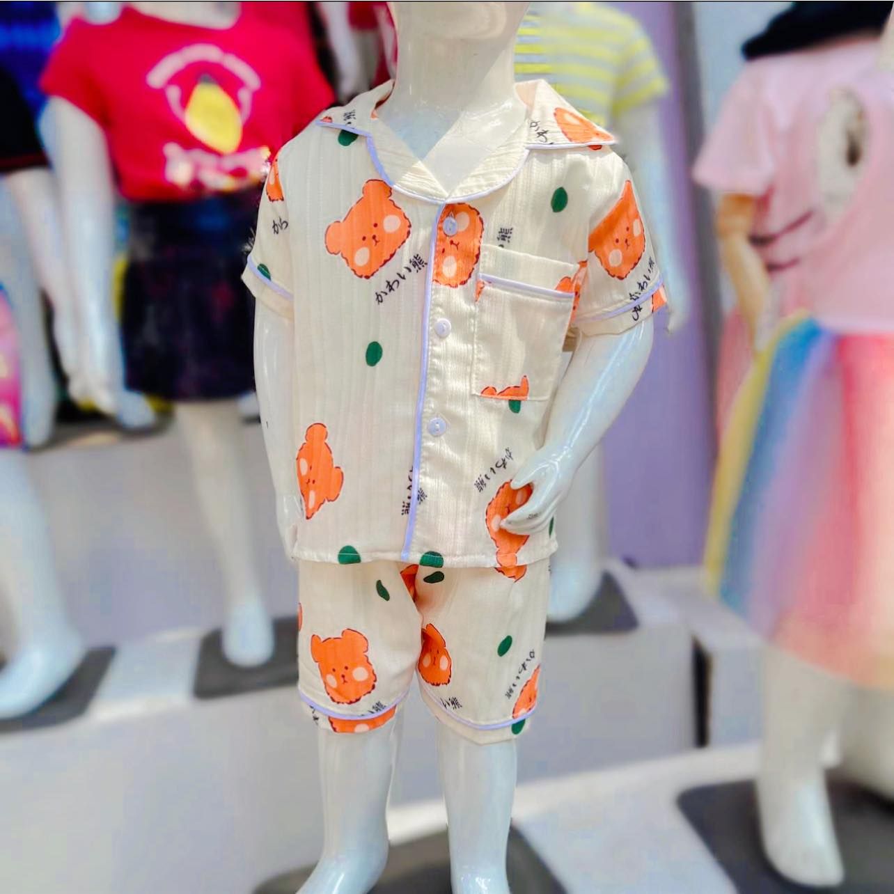  [6-12kg] Set Đồ Bộ Ngủ Ngắn Pijama Vải Xô Cho Bé - Kem Gấu Cam 