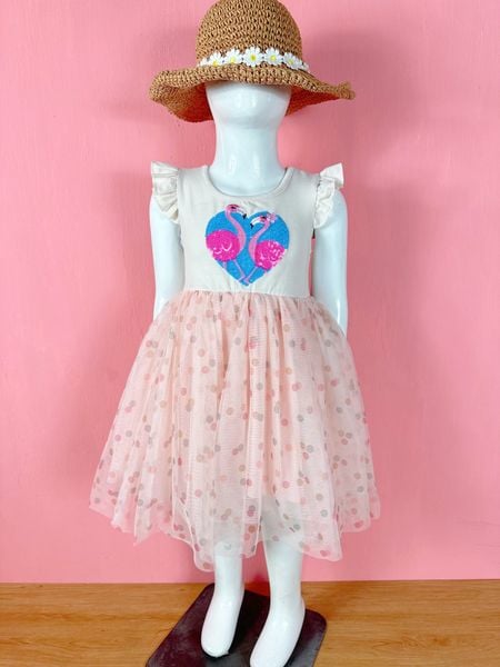  13-17kg Đầm Cánh Tiên Voan Công Chúa- Hạc xanh xám chấm D05 