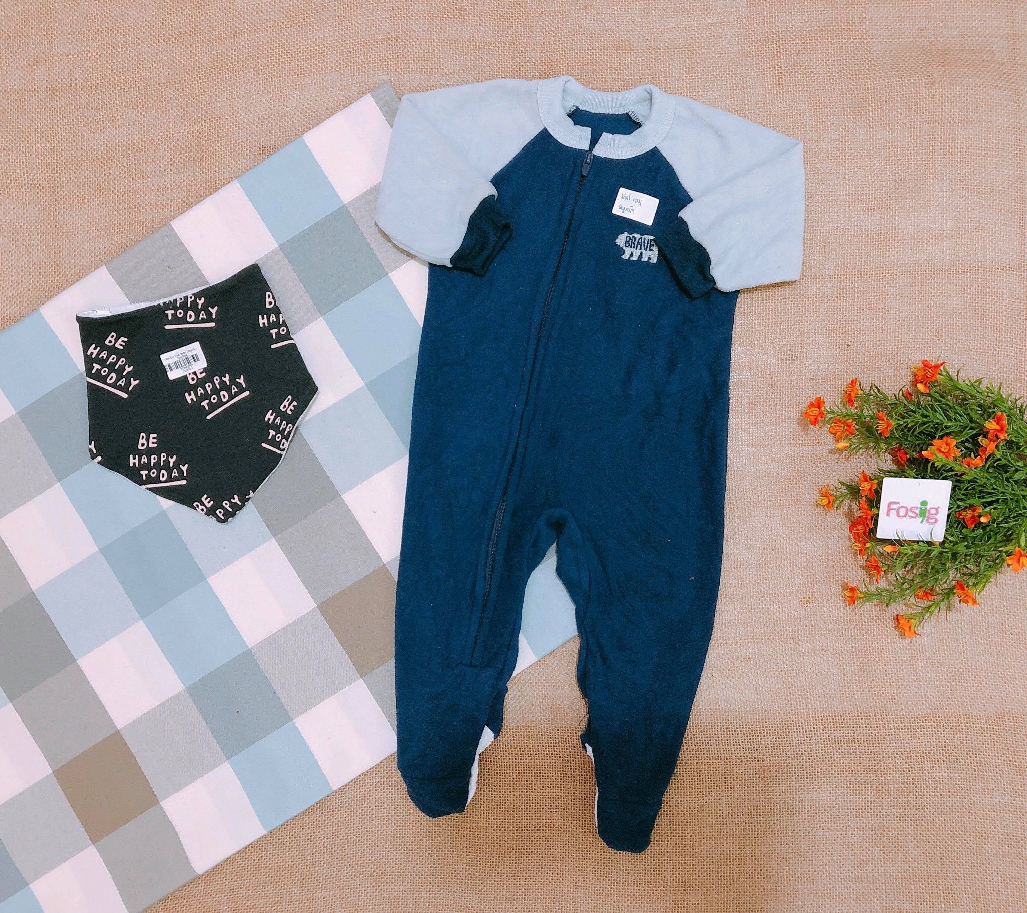  [10-11kg] Sleepsuit Nỉ Bé Trai Gerber - Xanh Navy Tay Xám 