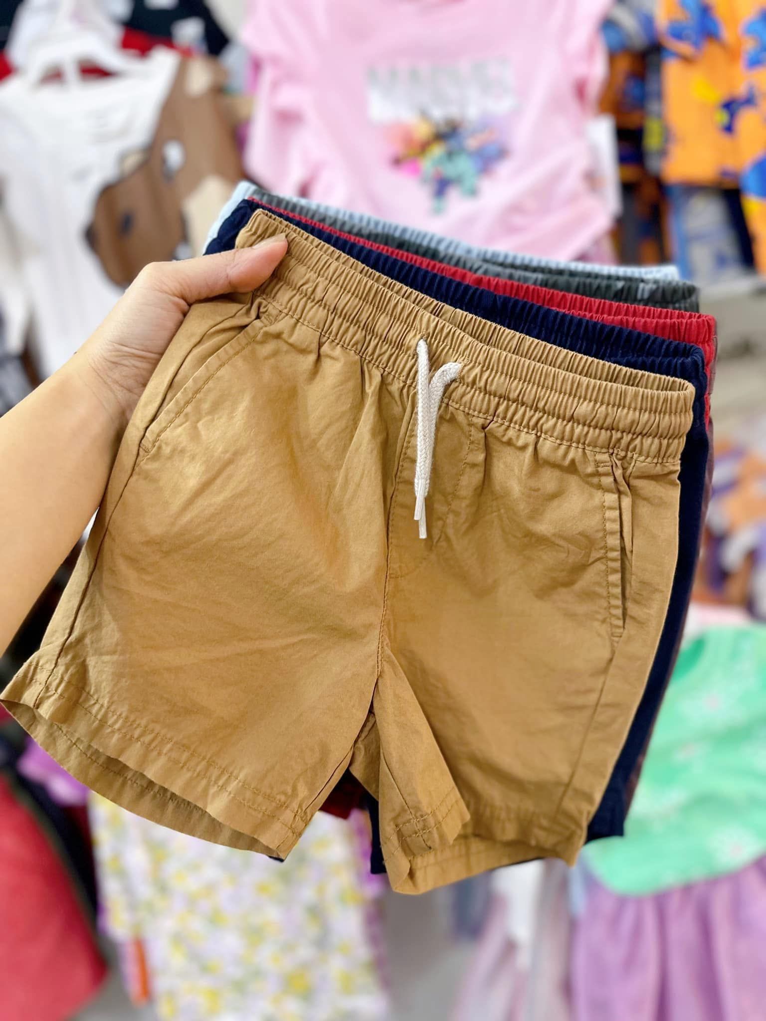  13-14kg; 18-21kg Quần Short Kaki Dù Lưng Thun Dây Rút Bé Trai - Nâu Đậm Dây Trắng 