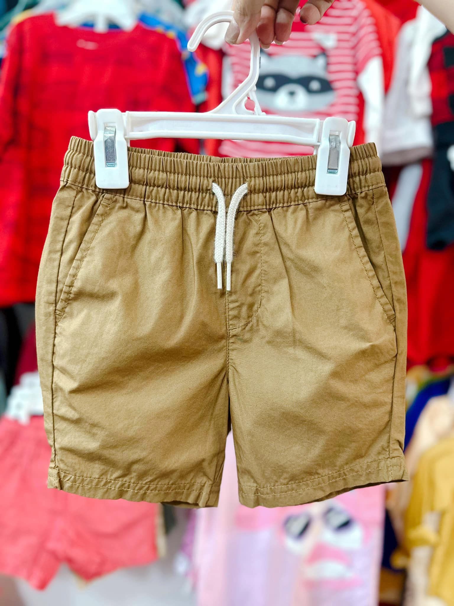  [10-21kg] Quần Short Kaki Dù Lưng Thun Dây Rút Bé Trai - Nâu Nhạt Dây Trắng 