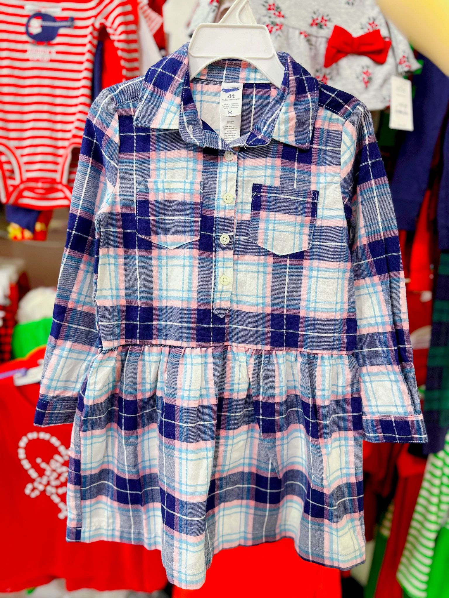  [16-17kg; 22-24kg] Đầm Cotton Tay Dài Bé Gái Cter - Caro Navy Trắng 