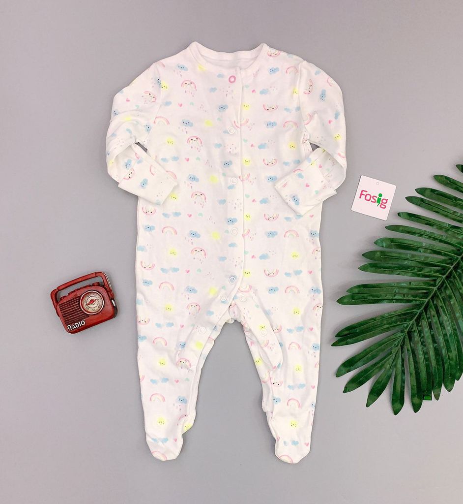  [0-3m] Sleepsuit Gài Nút Có Vớ Bé Gái PM - Trắng Mây Xanh 