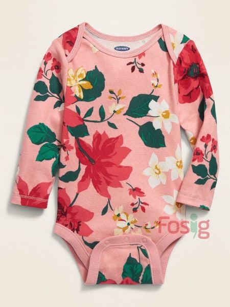  [0-3M ; 6-12M ; 18-24M] Bodysuit Tay Dài Bé Gái ON - Hồng Cam Hoa Đỏ 