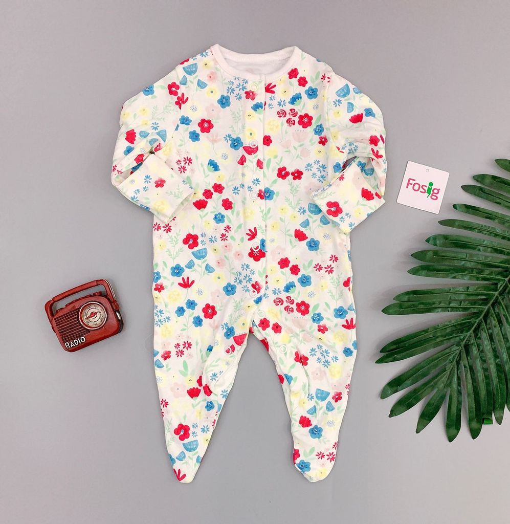  [0-6m] Sleepsuit Gài Nút Có Vớ Bé Gái PM - Trắng Hoa Màu 