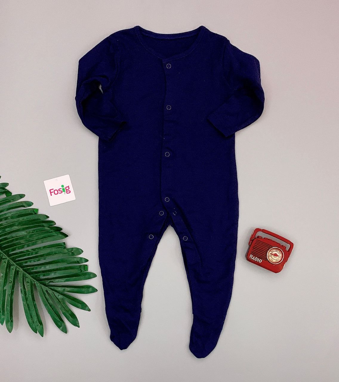  [6m] Sleepsuit Gài Nút Có Vớ Bé Trai Geo - Navy Trơn 