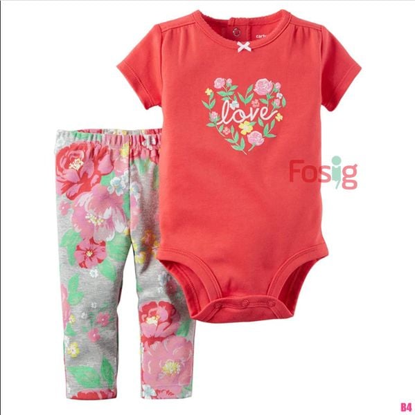  [0-3m; 18-24m] Set Body Kèm Quần Bé Gái Cter - Đỏ Love Hoa 