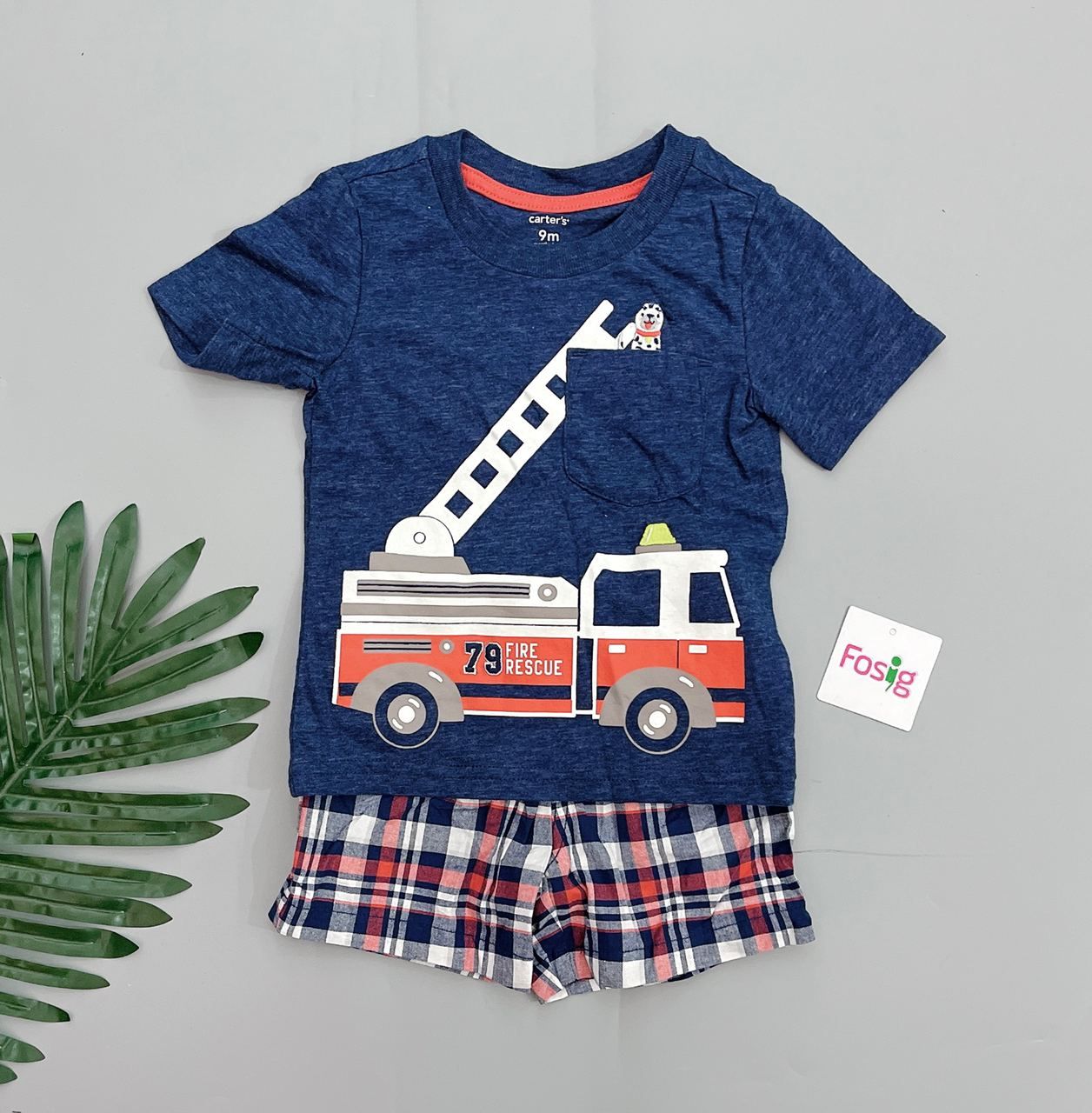  [6-9m] Set Đồ Bộ Đùi Bé Trai Cter - Navy Xe [Quần Caro Đỏ] 