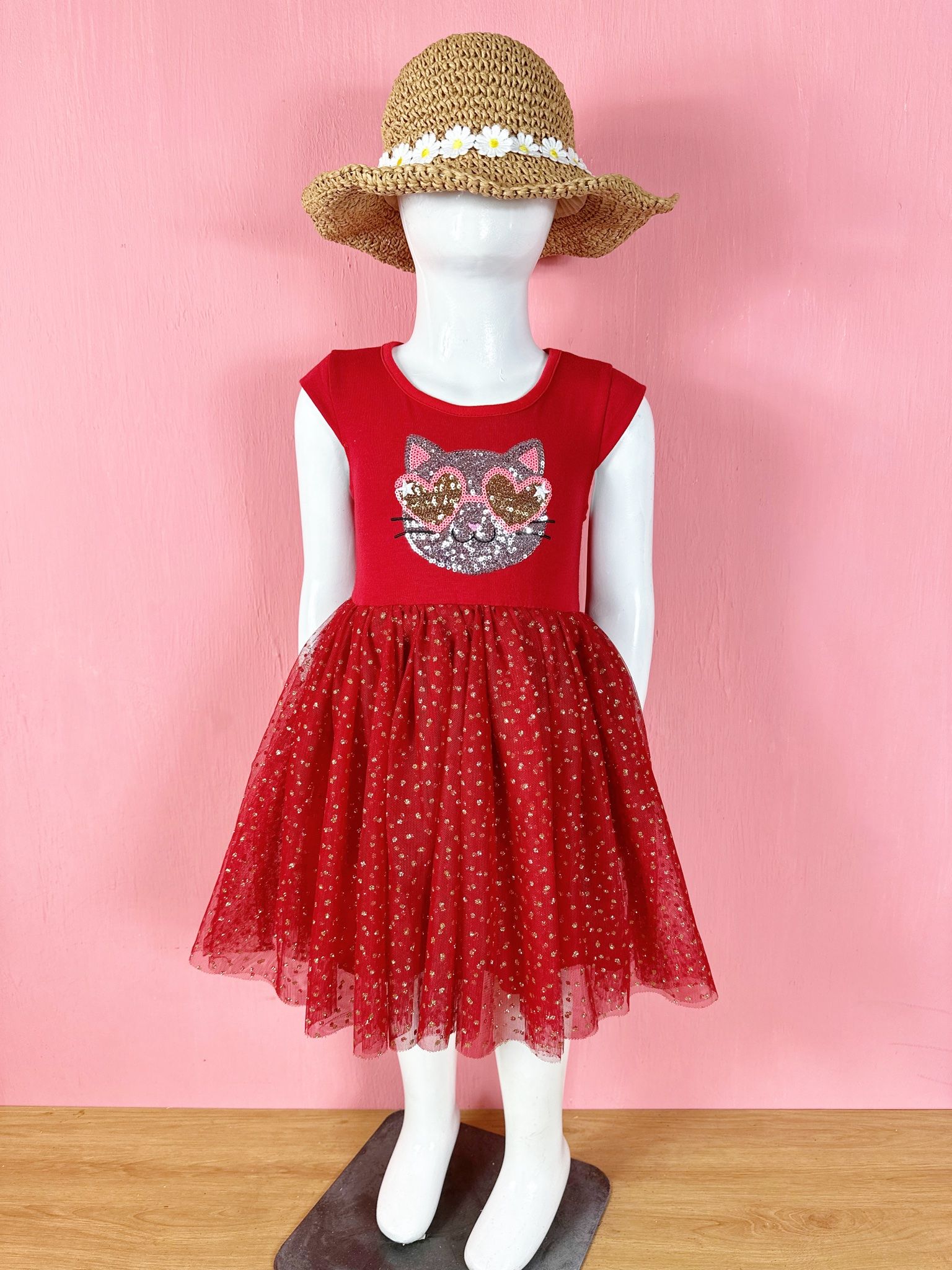  [15-19kg] Đầm Cánh Tiên Voan Công Chúa - Đỏ Mèo Chấm Nhỏ 