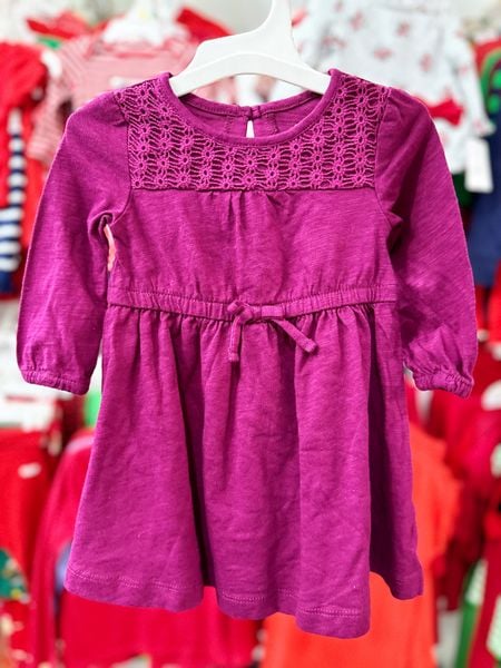  [3-6m ; 18-24m] Đầm Cotton Tay Dài Bé Gái Cter - Tím Ren/Nơ 
