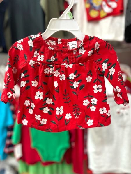  [0-3m] Áo Thun Tay Dài Bé Gái Cter - Đỏ Hoa Trắng 