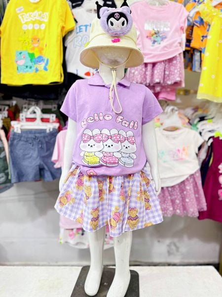  34-48kg  XS-XL Đồ bộ tay ngắn bé gái kèm chân váy - Tím Thỏ hello DB91 
