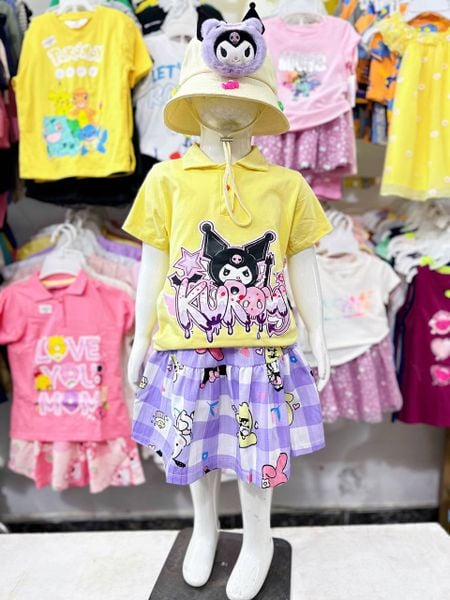  34-39kg XS-XL Đồ bộ tay ngắn bé gái kèm chân váy -  Vàng kuromo (váy) DB91 