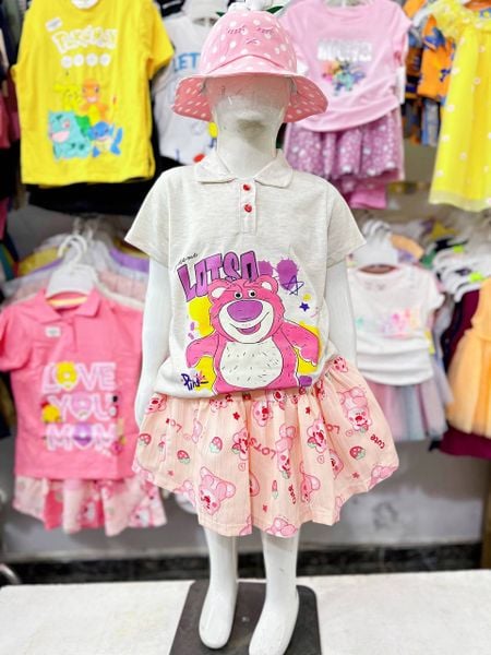  34-39kg XS-XL Đồ bộ tay ngắn bé gái kèm chân váy - Kem gấu DB91 