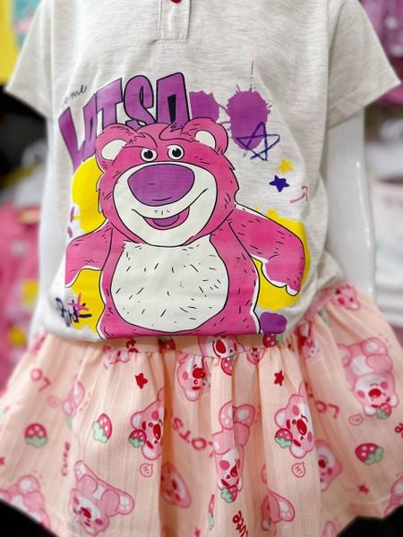  34-39kg XS-XL Đồ bộ tay ngắn bé gái kèm chân váy - Kem gấu DB91 