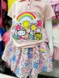  15-48kg  XS-XL Đồ bộ tay ngắn bé gái kèm chân váy - Hồng Hello Kitty DB91 