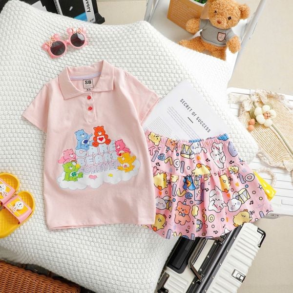  34-48kg  XS-XL Đồ bộ tay ngắn bé gái kèm chân váy - Hồng gấu mây DB91 
