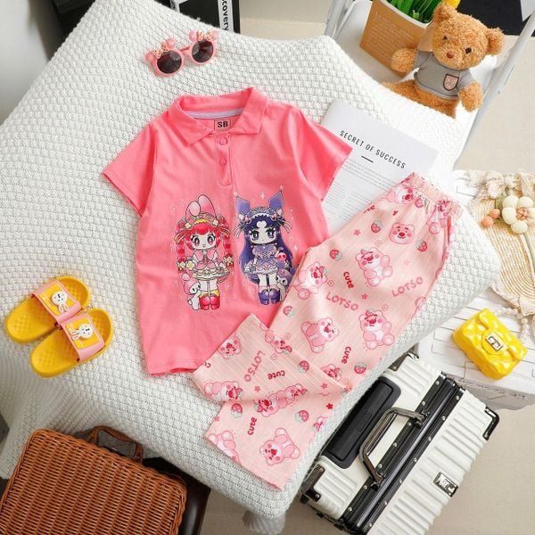  28-46kg  S-XXL Đồ bộ tay ngắn bé gái- Hồng kuromi DB91 