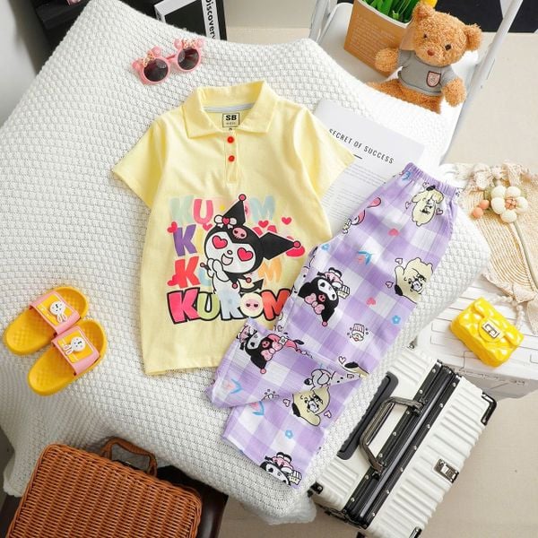  23-40kg S-XXL Đồ bộ tay ngắn bé gái- Vàng (quần dài) DB91 