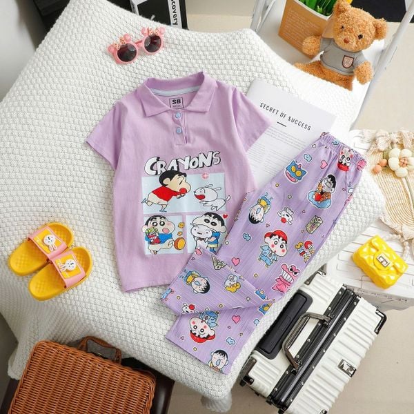  18-22kg; 28-46kg S-XXL Đồ bộ tay ngắn bé gái- Tím Crayons DB91 