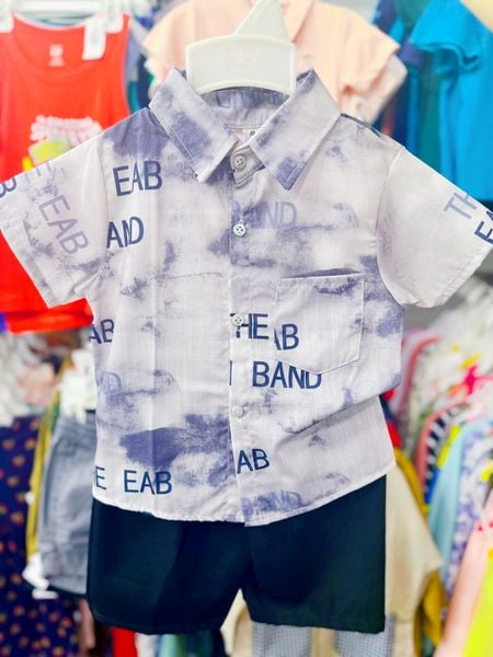  [13-14kg; 18-19kg] Set Đồ Bộ Ngắn Sơ Mi Kate Bé Trai - Xám Loang Chữ 