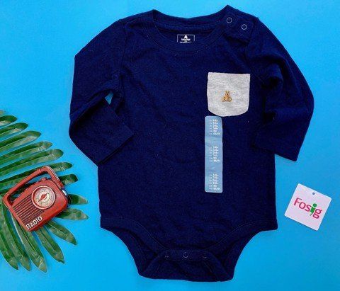  [3-6m] Bodysuit Tay Dài Bé Trai GP - Navy Túi Xám 