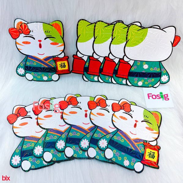  Bao Lì Xì Tết - Mèo Kimono Xanh Lá Đậm 