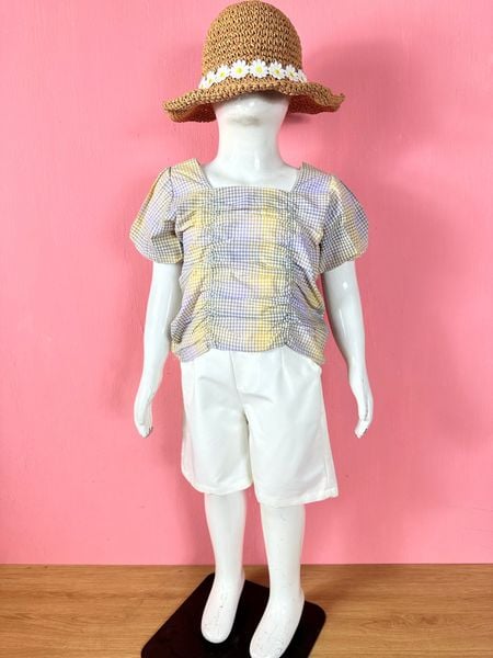  [19-28kg] Set Bộ Ngắn Bé Gái - Caro Tím Vàng 